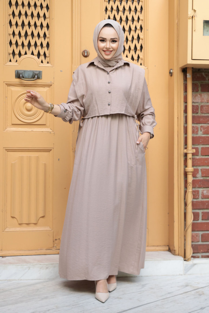 Süveter Detaylı Vizon Tesettür Elbise 7253V - 3