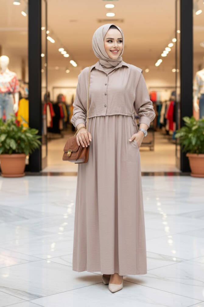 Süveter Detaylı Vizon Tesettür Elbise 7253V - 1