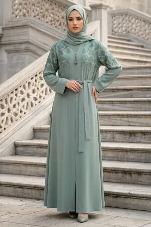 Symmetric Embroidery-Detail Belted Almond Green Modest Abaya 29143CY 