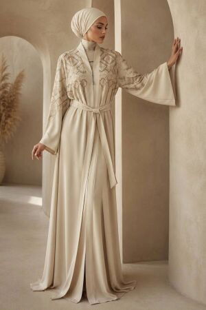 Symmetric Embroidery-Detail Belted Beige Modest Abaya 29143BEJ 