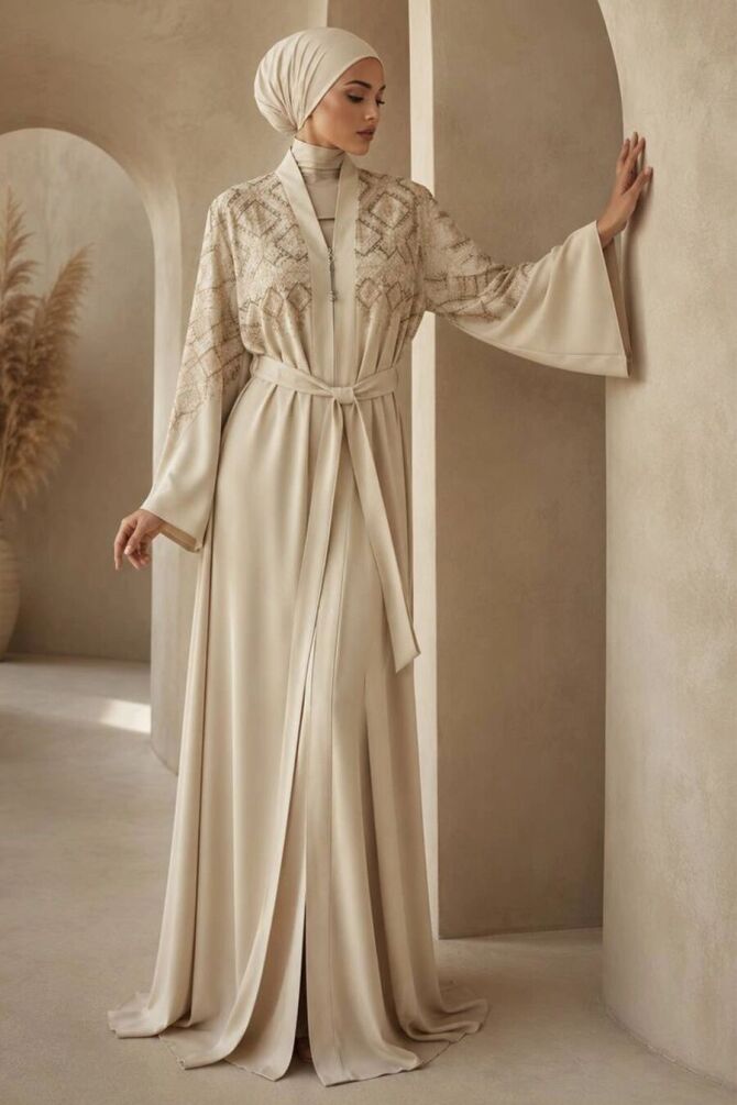 Symmetric Embroidery-Detail Belted Beige Modest Abaya 29143BEJ - 1