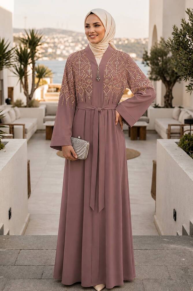 Symmetric Embroidery-Detail Belted Dusty Rose Modest Abaya 29143GK - 1
