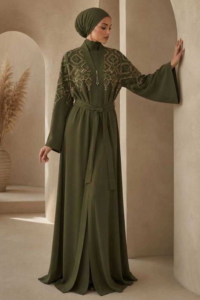Symmetric Embroidery-Detail Belted Khaki Modest Abaya 29143HK - 1