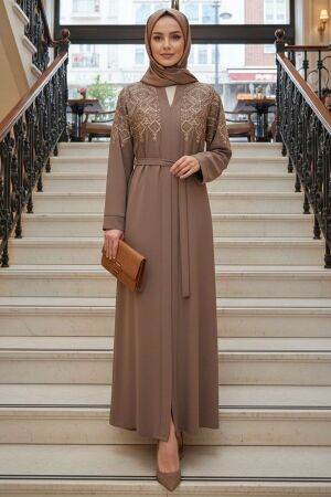 Symmetric Embroidery-Detail Belted Light Brown Modest Abaya 29143AKH 