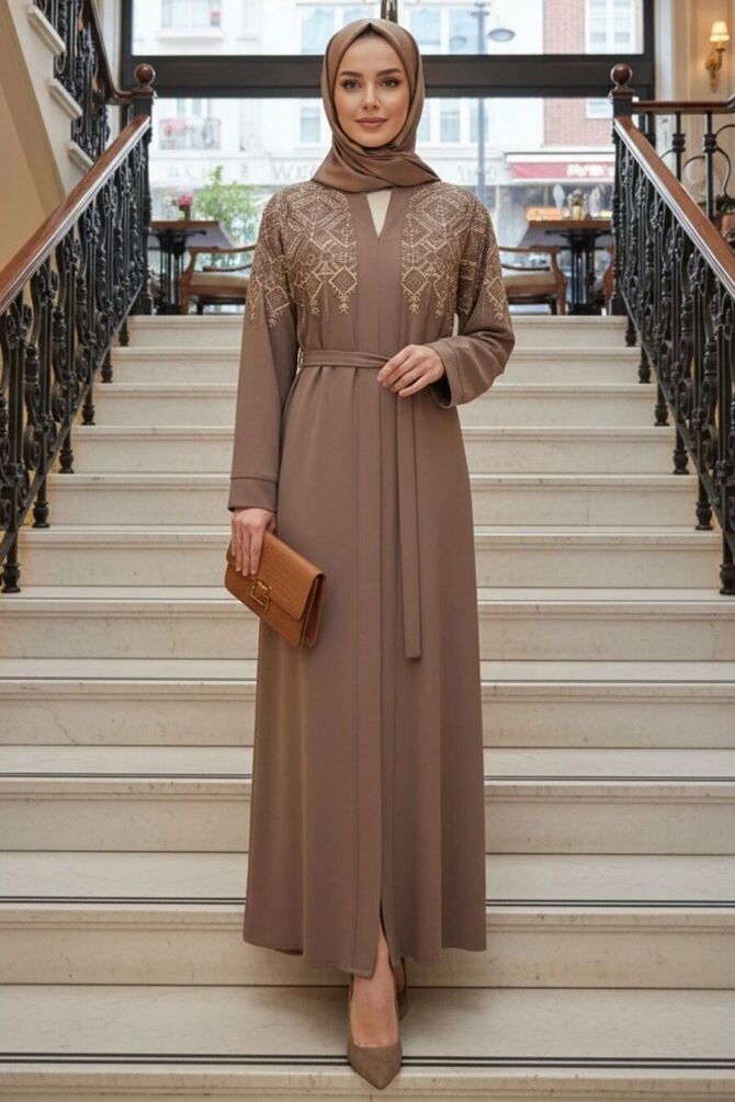 Symmetric Embroidery-Detail Belted Light Brown Modest Abaya 29143AKH - 1