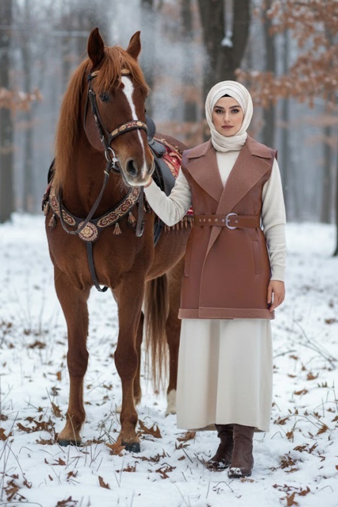 Taba Tesettür Suni Deri Yelek 62371TB - N.S NEVA STYLE