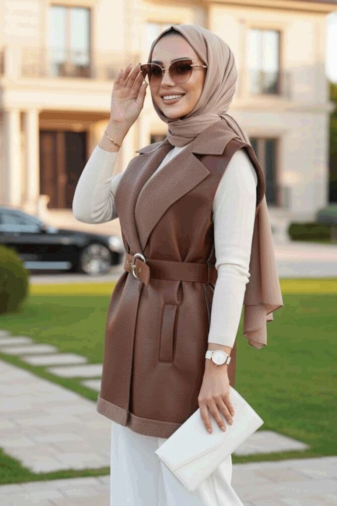 Taba Tesettür Suni Deri Yelek 62371TB - 1