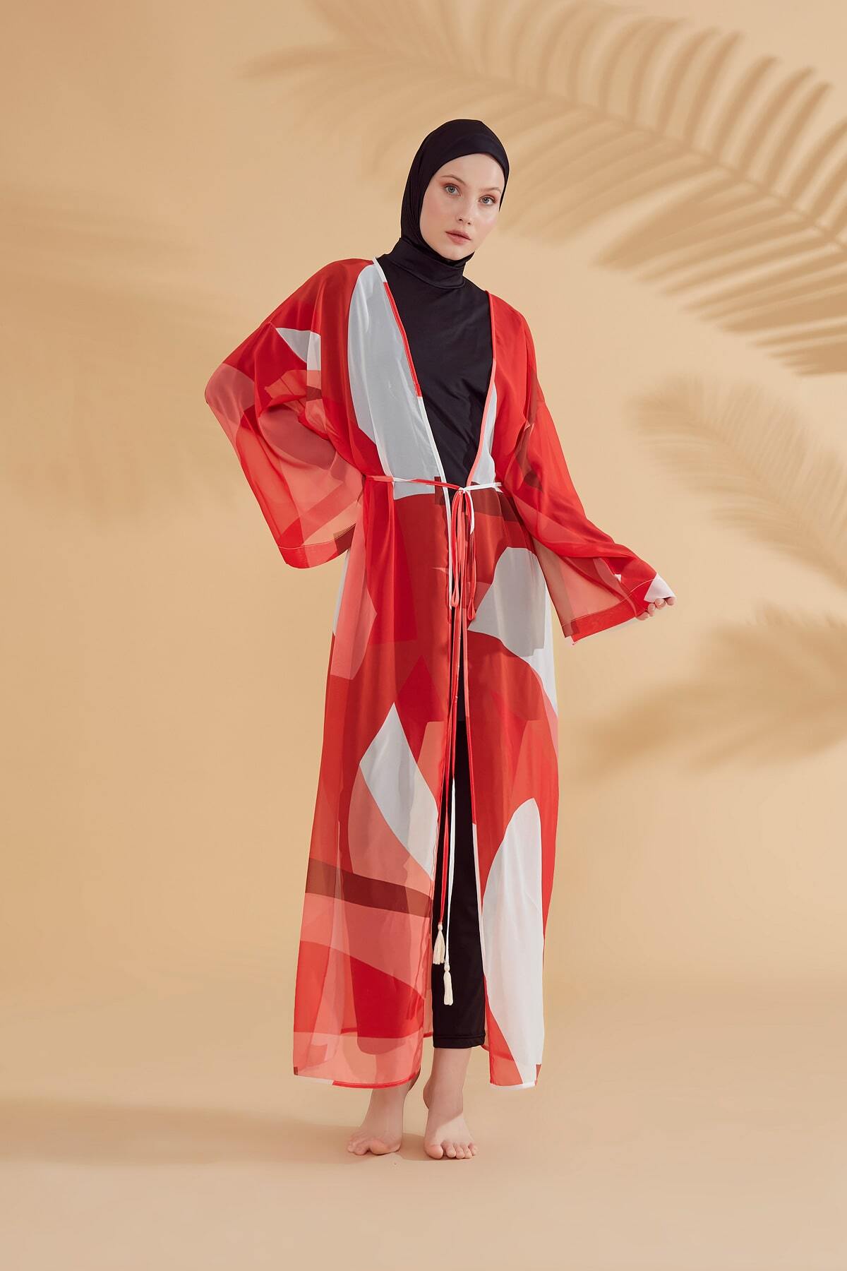 Desenli Turuncu Kimono Kaftan P2345t