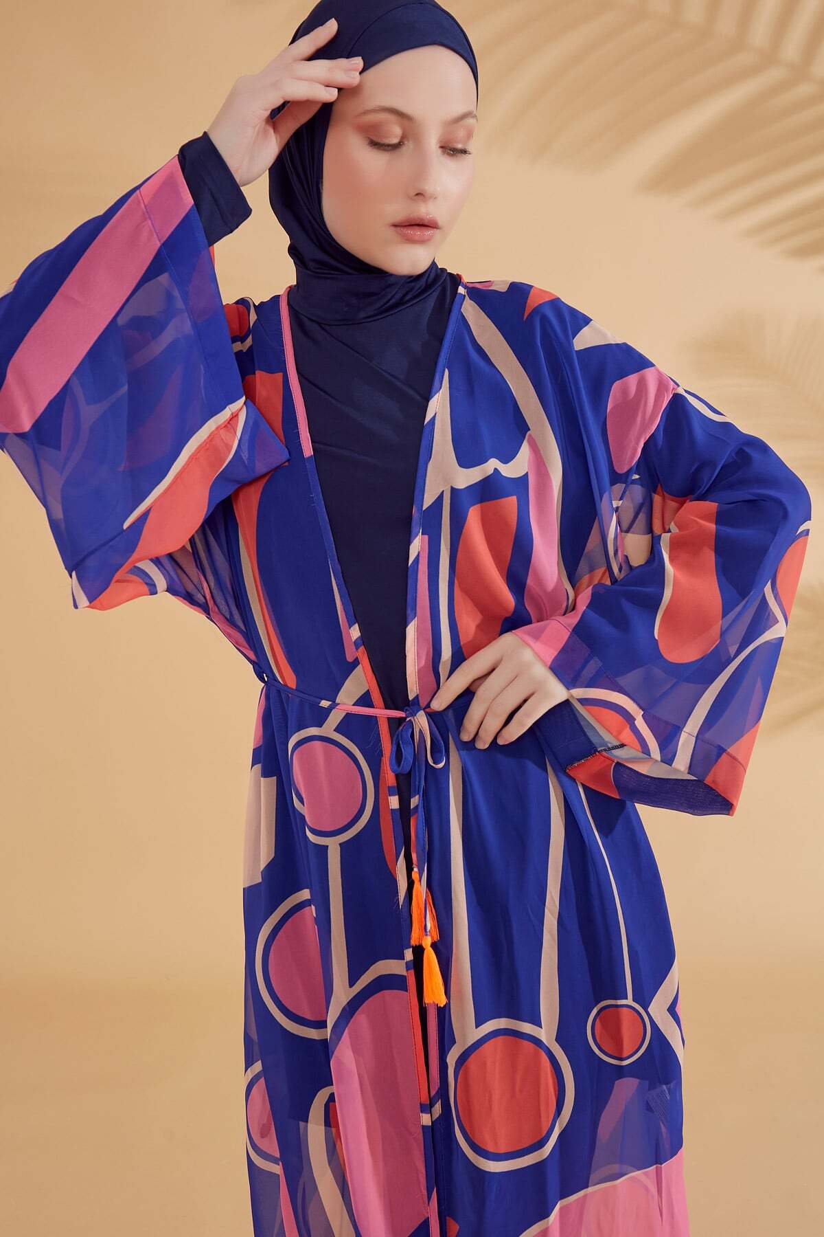 Geometrik Sax Mavisi Kimono Kaftan P2339sx