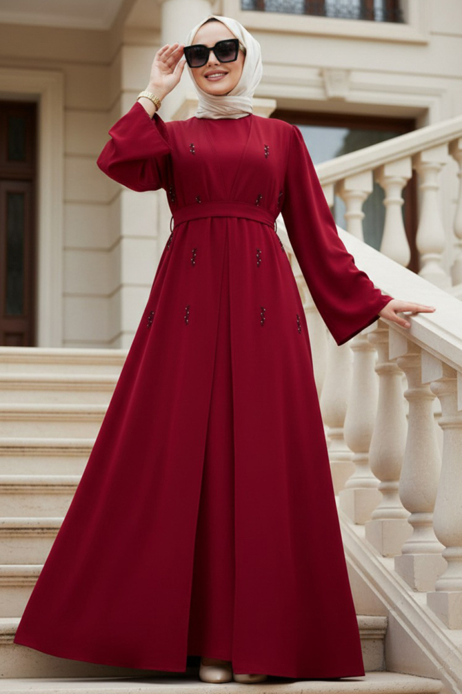 Taş Aplikeli Bordo Tesettür Abaya 82412BR - 1