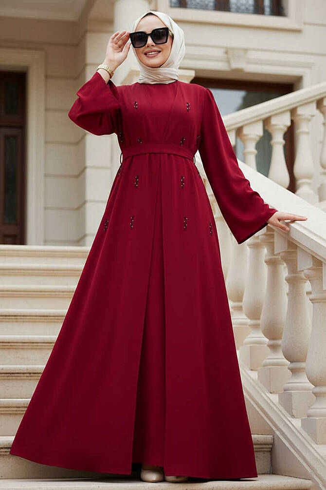 Taş Aplikeli Bordo Tesettür Abaya 82412BR - 1