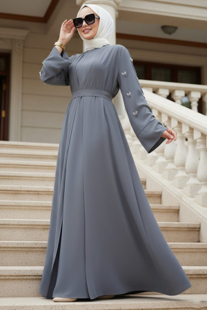 Taş Aplikeli Füme Tesettür Abaya 82421FU - 1
