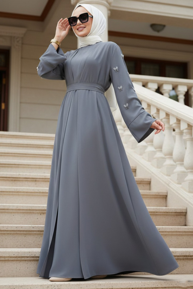 Taş Aplikeli Füme Tesettür Abaya 82421FU - N.S NEVA STYLE