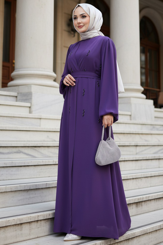 Taş Aplikeli Koyu Lila Tesettür Abaya 82412KLILA - 1