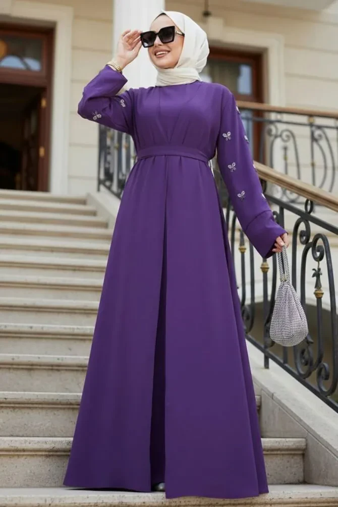 Taş Aplikeli Koyu Lila Tesettür Abaya 82421KLILA - 1