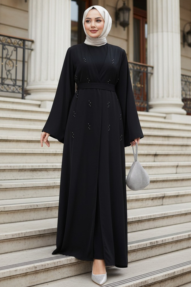 Taş Aplikeli Siyah Tesettür Abaya 82412S - 1