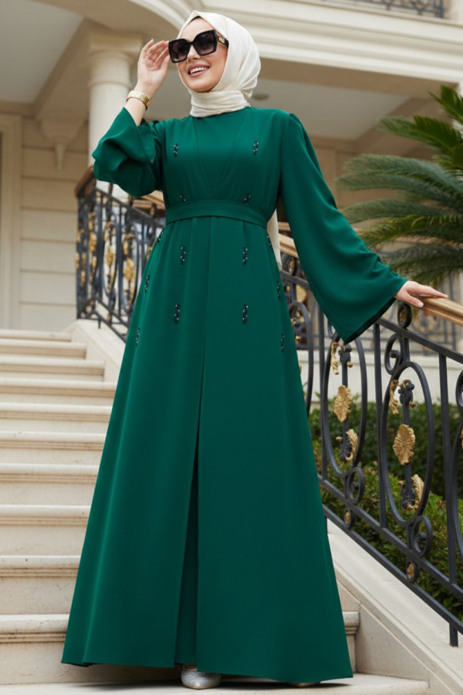 Taş Aplikeli Yeşil Tesettür Abaya 82412Y - 1