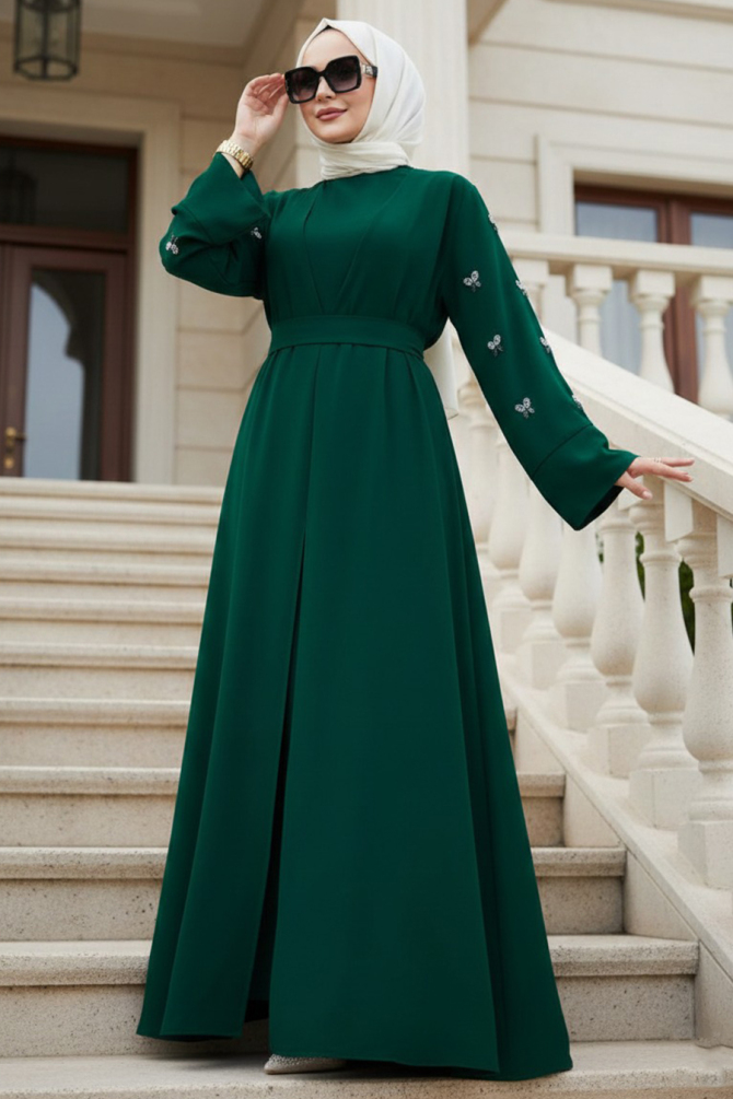 Taş Aplikeli Yeşil Tesettür Abaya 82421Y - N.S NEVA STYLE