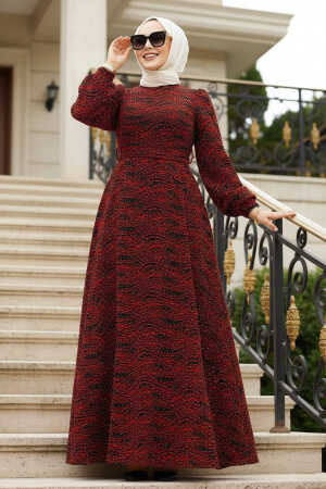 Taş Boncuk İşlemeli Bordo Tesettür Elbise 23882BR - 1