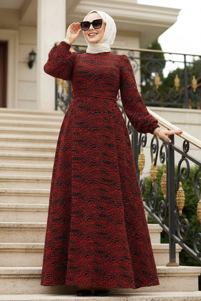 Taş Boncuk İşlemeli Bordo Tesettür Elbise 23882BR - 1