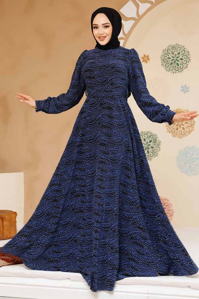 Taş Boncuk İşlemeli İndigo Mavisi Tesettür Elbise 23882IM - NEVA STYLE