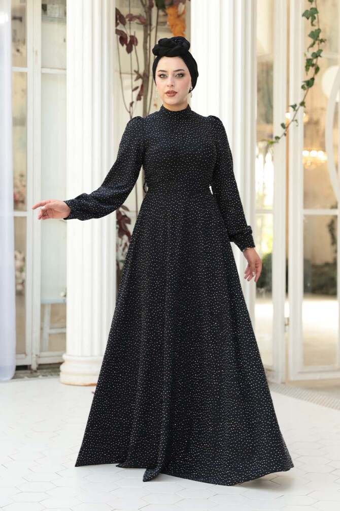 Taş Boncuk İşlemeli Koyu Lacivert Tesettür Elbise 23882KL - NEVA STYLE