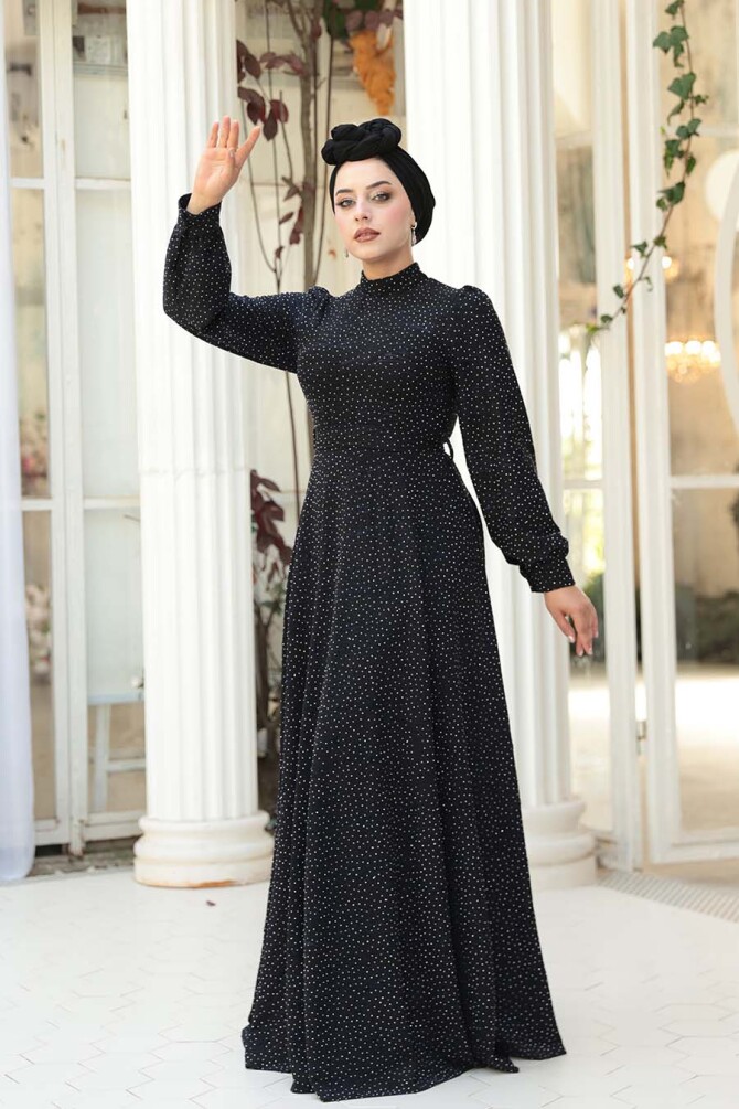 Taş Boncuk İşlemeli Koyu Lacivert Tesettür Elbise 23882KL - 2