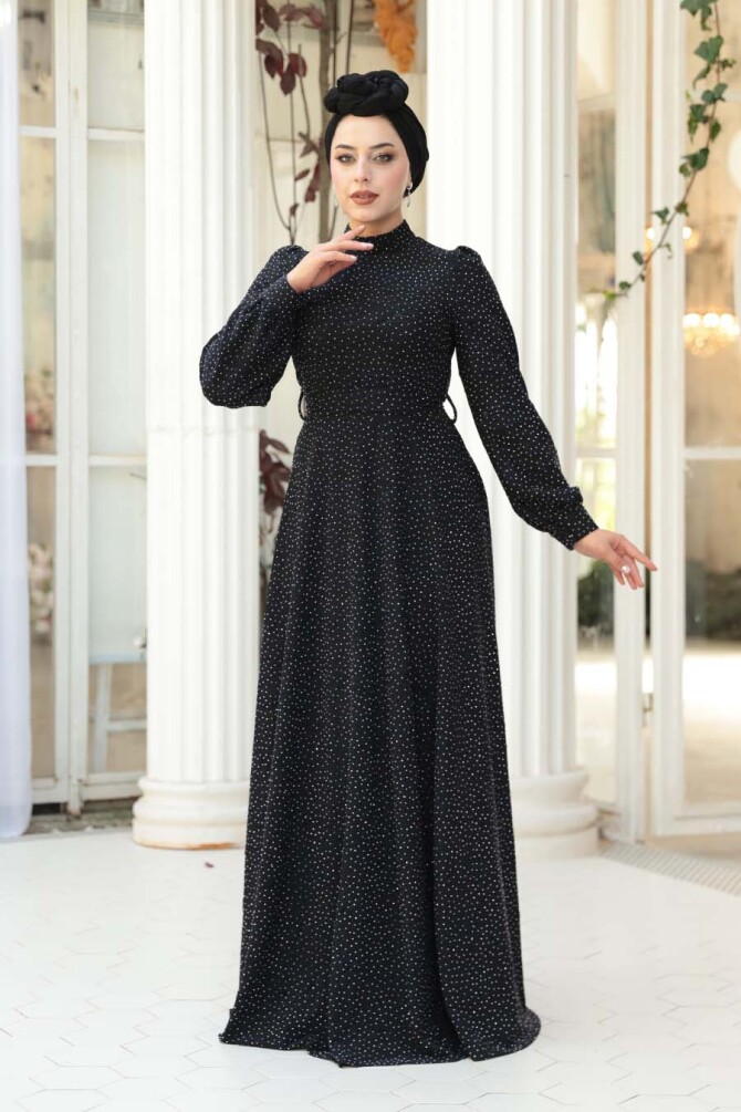 Taş Boncuk İşlemeli Koyu Lacivert Tesettür Elbise 23882KL - 3