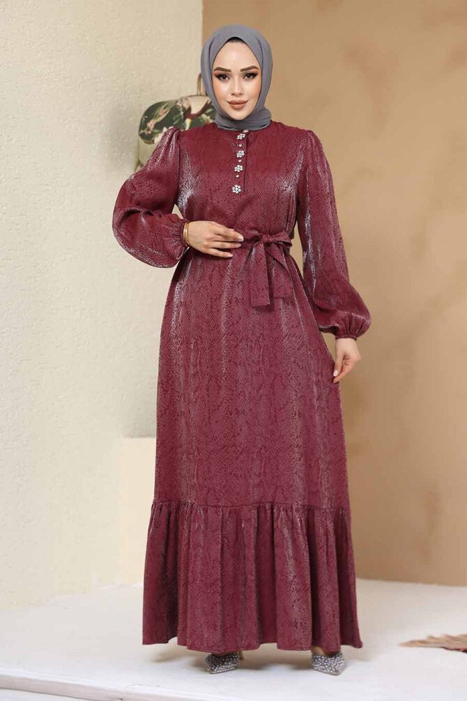 Taş Detaylı Bordo Tesettür Jakar Elbise 23891BR - NEVA STYLE