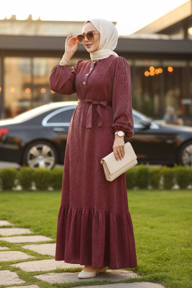 Taş Detaylı Bordo Tesettür Jakar Elbise 23891BR - 1