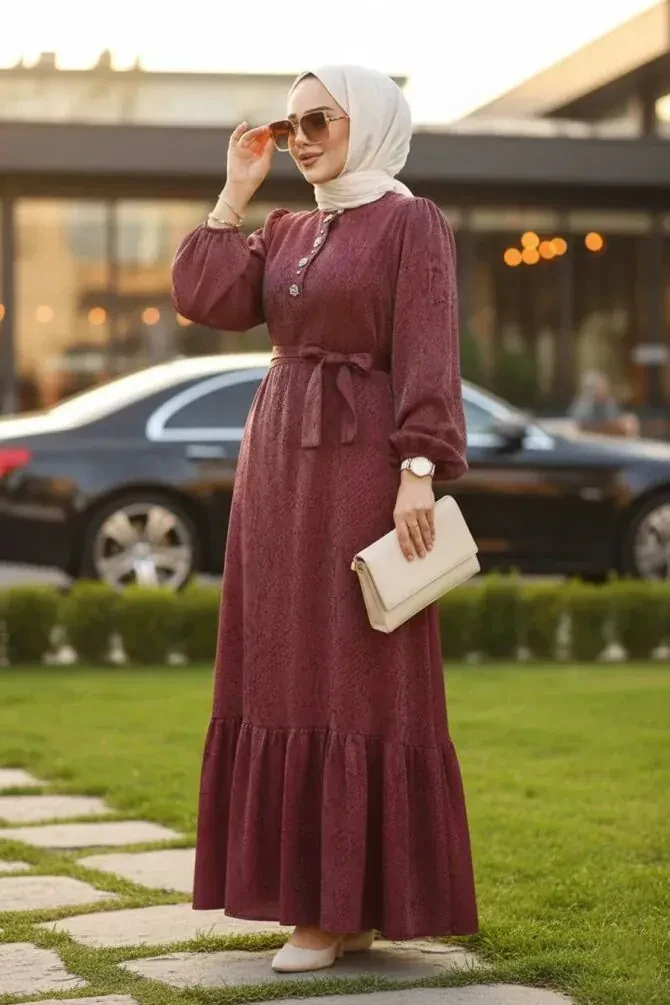 Taş Detaylı Bordo Tesettür Jakar Elbise 23891BR - 1