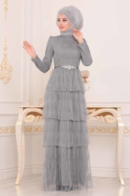Taş Detaylı Gri Tesettür Abiye Elbise 39680GR - Thumbnail