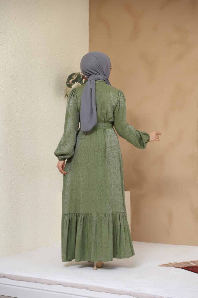 Taş Detaylı Haki Tesettür Jakar Elbise 23891HK - 4