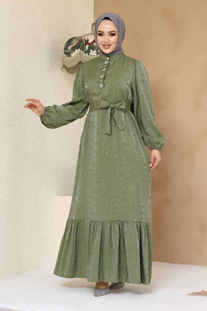Taş Detaylı Haki Tesettür Jakar Elbise 23891HK - 1