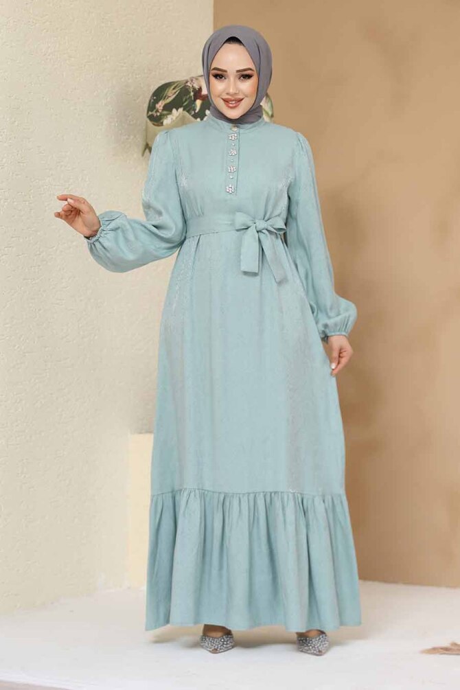 Taş Detaylı Mint Tesettür Jakar Elbise 23891MINT - 2