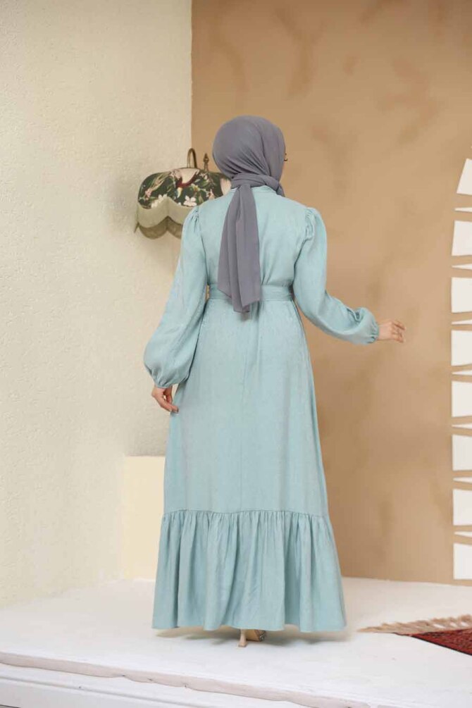 Taş Detaylı Mint Tesettür Jakar Elbise 23891MINT - 4