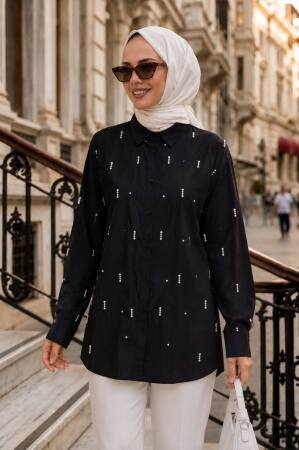 Taş Detaylı Poplin Siyah Tesettür Gömlek 15275S - 1