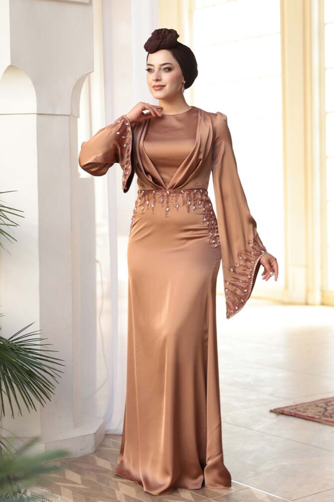 Taş İşlemeli Camel Tesettür Saten Abiye Elbise 5337C - 5