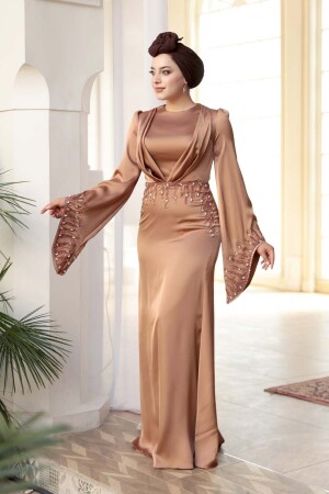 Taş İşlemeli Camel Tesettür Saten Abiye Elbise 5337C - 1