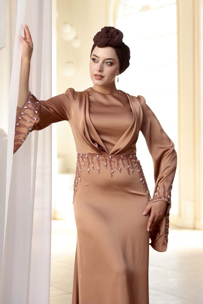 Taş İşlemeli Camel Tesettür Saten Abiye Elbise 5337C - 3
