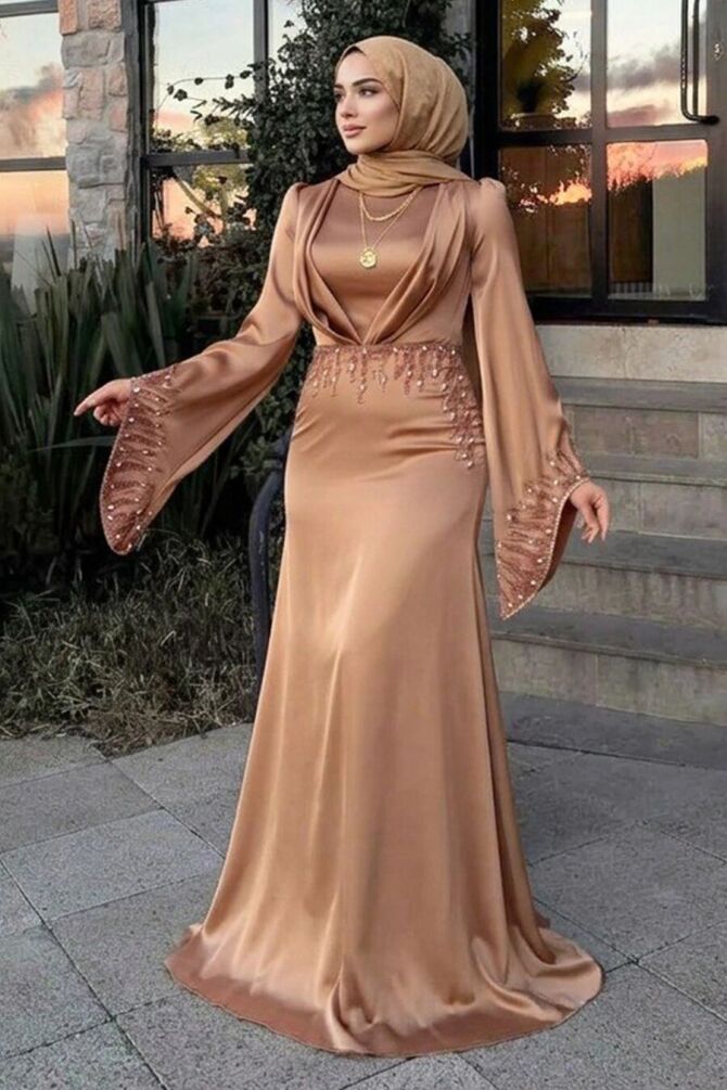 Taş İşlemeli Camel Tesettür Saten Abiye Elbise 5337C - 1