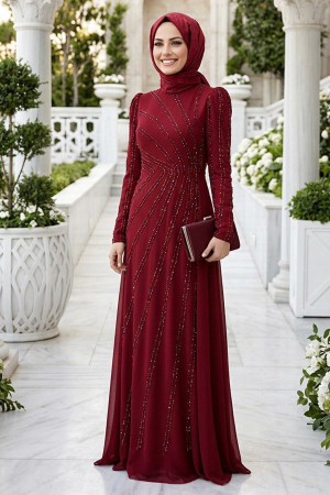 Taş İşlemeli Drapeli Bordo Tesettür Abiye Elbise 56062BR - 1