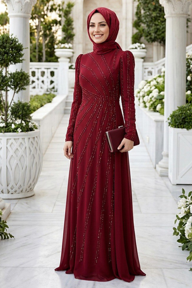 Taş İşlemeli Drapeli Bordo Tesettür Abiye Elbise 56062BR - N.S NEVA STYLE