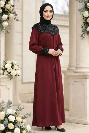 Taş İşlemeli Kuşaklı Tanya Bordo Tesettür Abiye Elbise 15649BR 