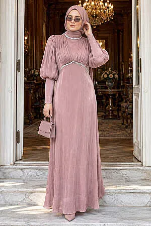 Rhinestone Trim Detail Draped Light Dusty Rose Iridescent Modest Evening Dress 48490AGK 