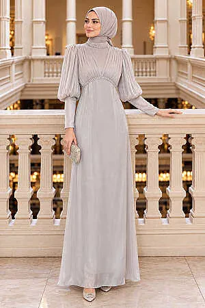 Rhinestone Trim Detail Draped Beige Iridescent Modest Evening Dress 48490BEJ 