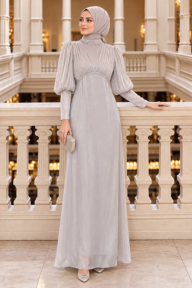 Rhinestone Trim Detail Draped Beige Iridescent Modest Evening Dress 48490BEJ - 1