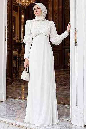 Rhinestone Trim Detail Draped White Iridescent Modest Evening Dress 48490B 