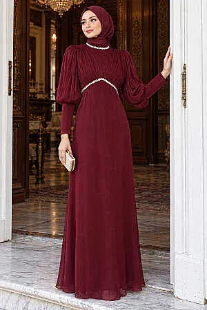 Rhinestone Trim Detail Draped Burgundy Iridescent Modest Evening Dress 48490BR 