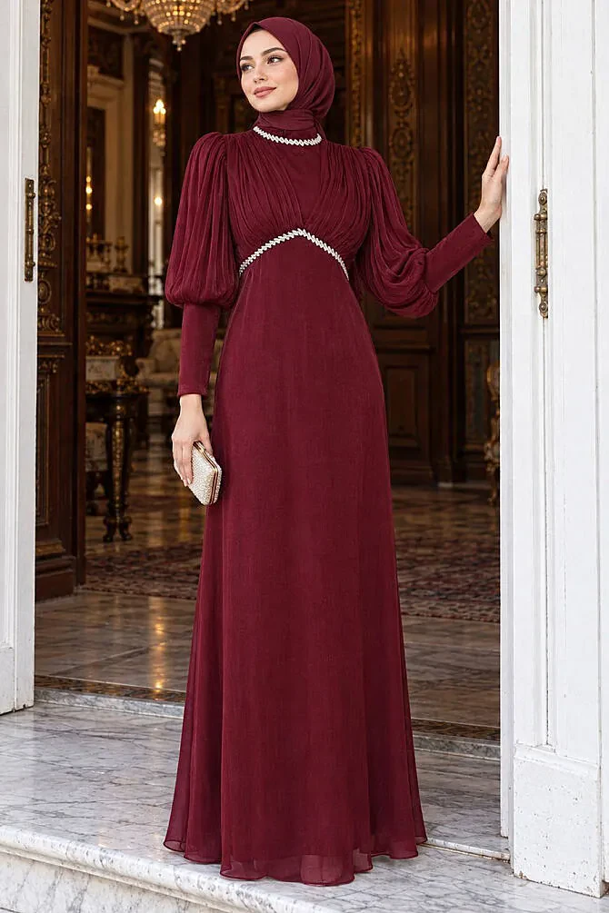 Rhinestone Trim Detail Draped Burgundy Iridescent Modest Evening Dress 48490BR - 1